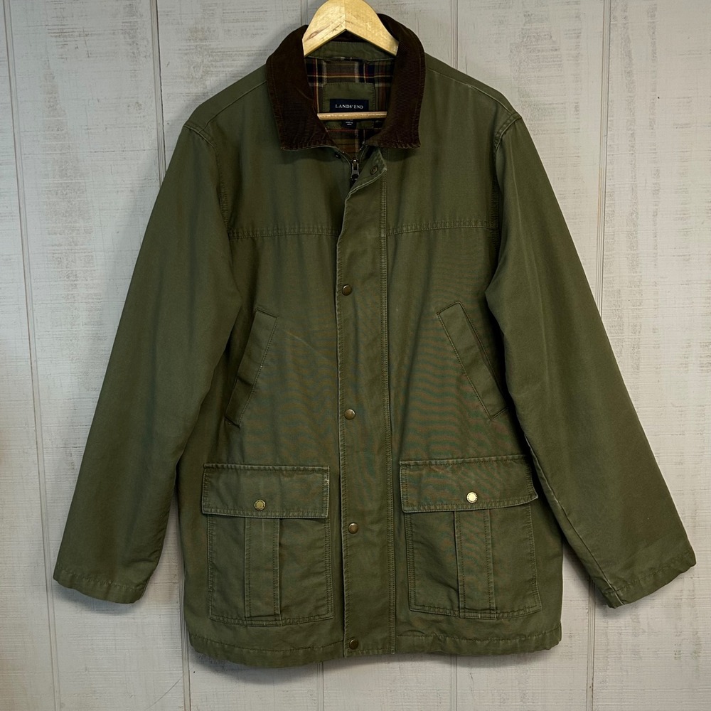 Lands End Men Field Jacket Barn Coat L Cotton Canvas Flannel Lined Green Utility